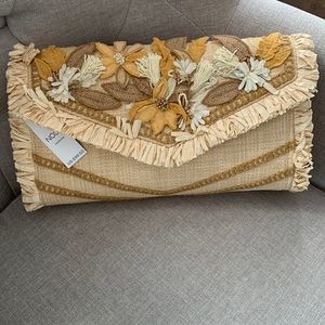 Nwt Chico’s neutral embroidered fringe clutch